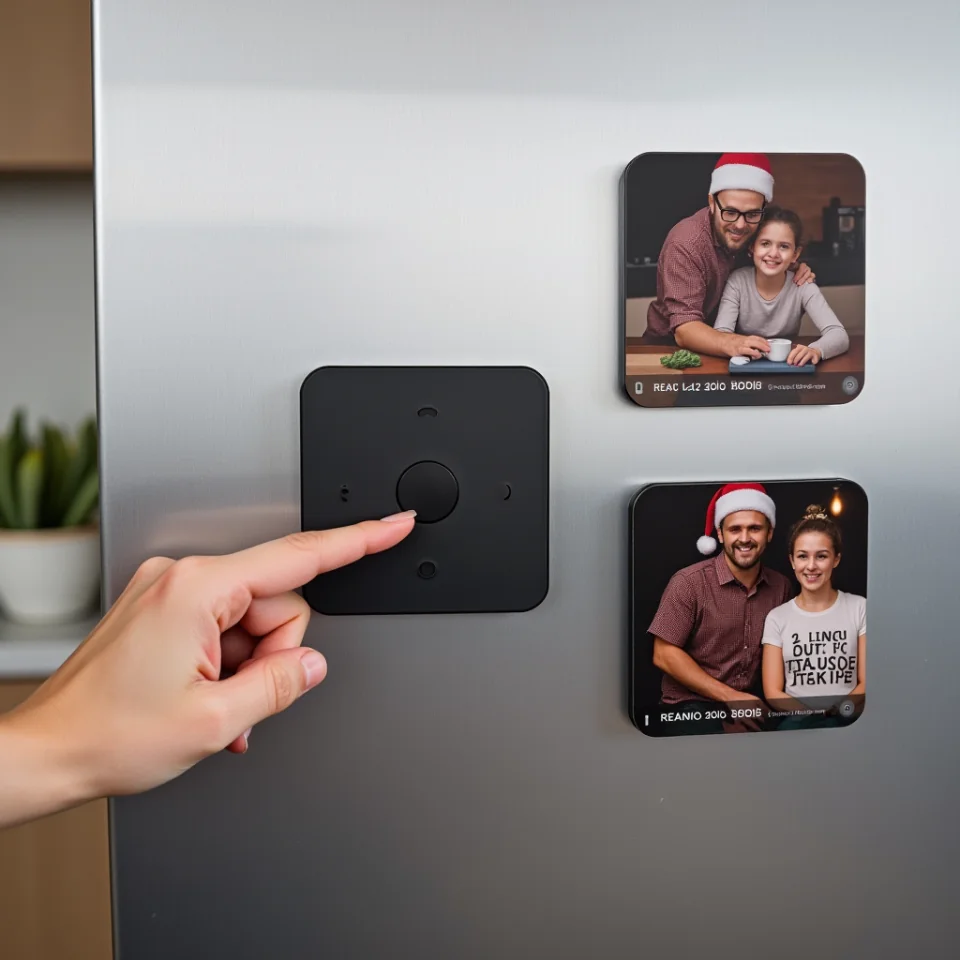 create_a_photorealistic_image_of_three_square_refrigerator_magnets_arranged_on_a_stainless_steel_re_ycnvhztzwdiyuxj1d0wk_0