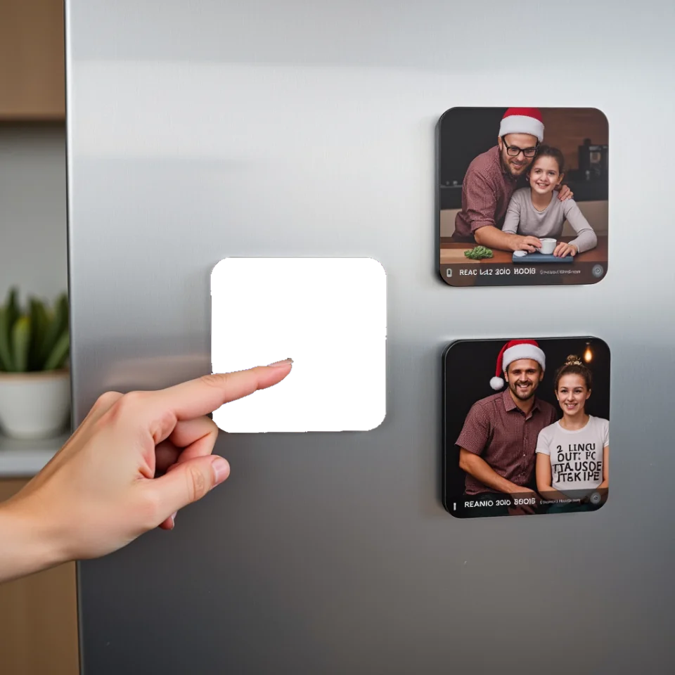 create_a_photorealistic_image_of_three_square_refrigerator_magnets_arranged_on_a_stainless_steel_re_ycnvhztzwdiyuxj1d0wk_0
